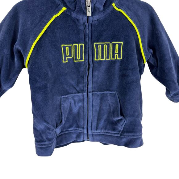 Puma Navy Blue Velour Neon Yellow Trim Full Zip Hooded Jacket Pockets Size 3-6M - Picture 3 of 8